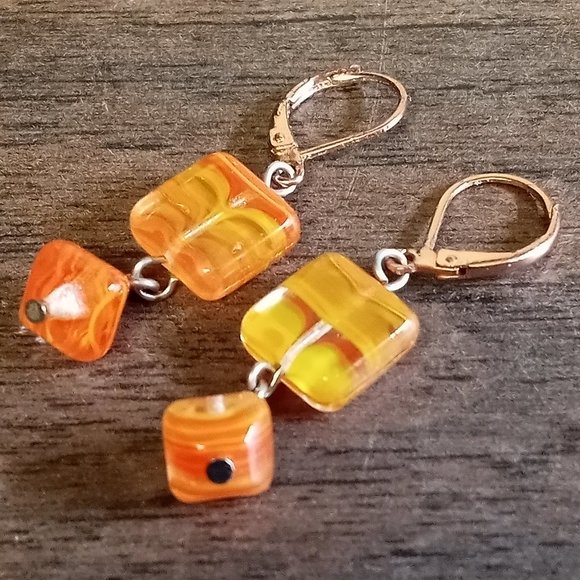 Hand Crafted Jewelry - Orange Colorful Glass Bead Stone Dangle Earrings Handmade Jewelry